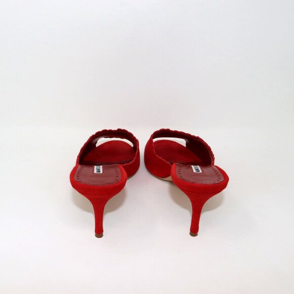 Manolo Blahnik 37.5 Scallop Lace Edge Red Suede Sandal Mule Heel - Picture 5 of 10